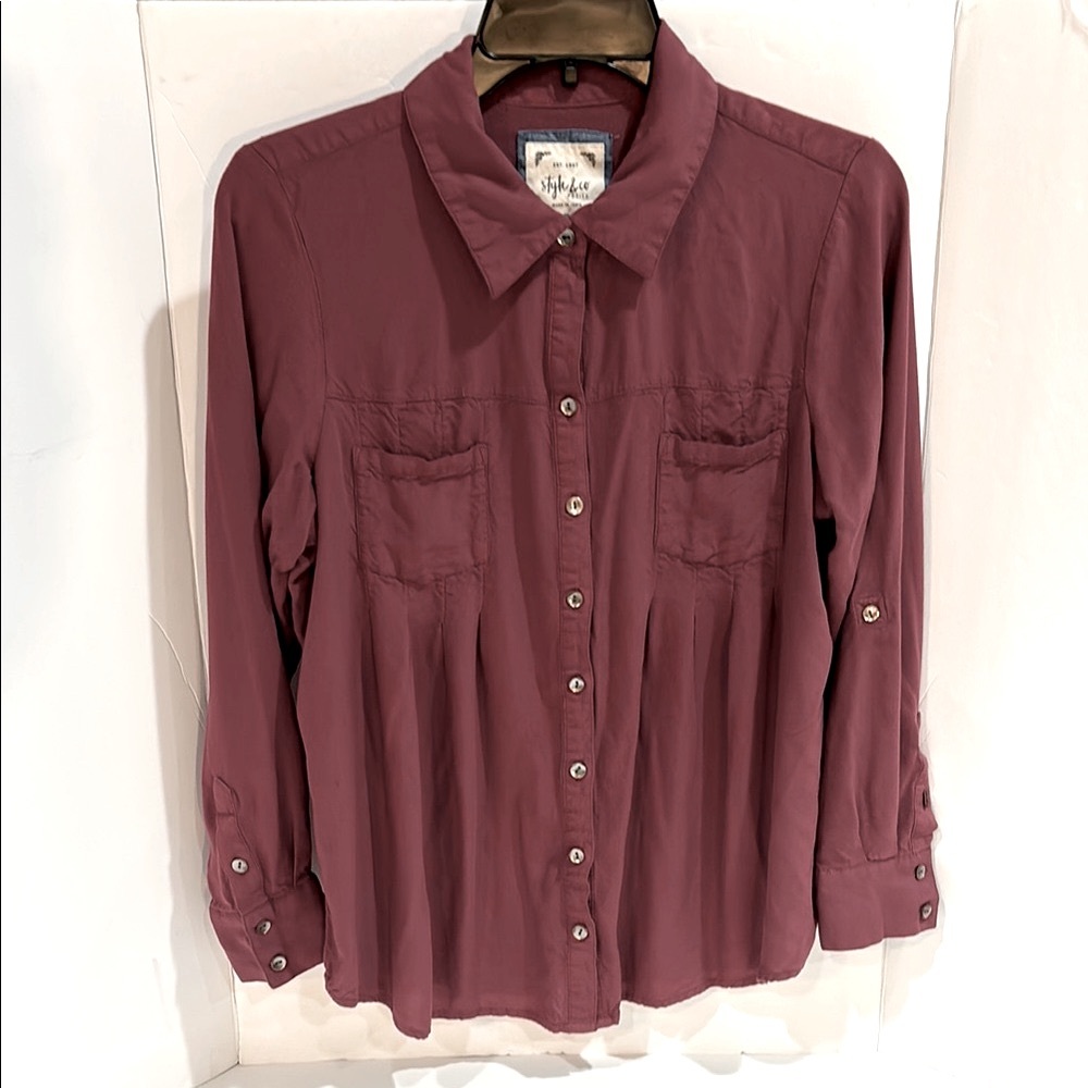 Style & Co Button-Up Long Convertible Roll Tab Sleeve Mesa Rose Collar Shirt